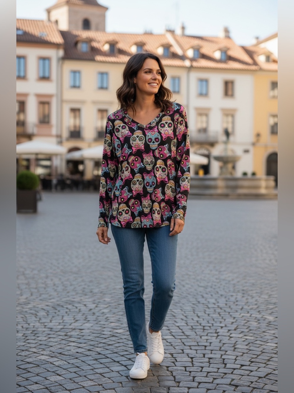 No Boundaries Black V-Neck Long Sleeve Top with Pink & Blue Skull Print